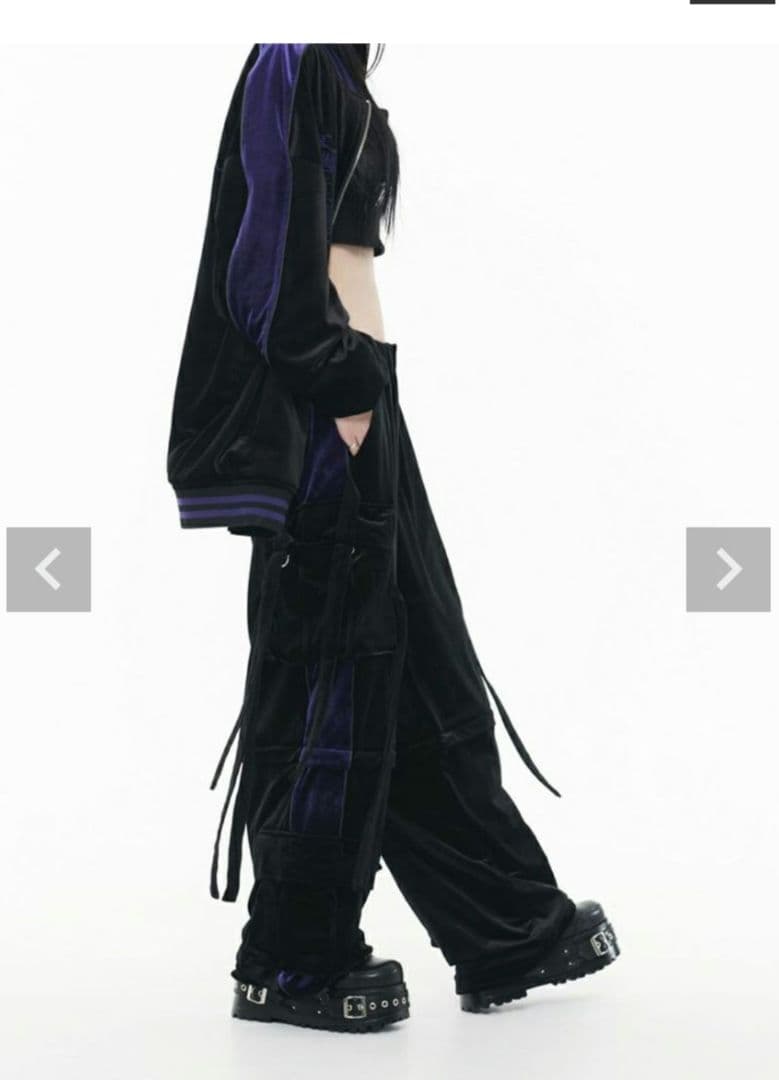 『REFLEM レフレム』2WAYワイドカーゴベロアパンツ/黒x紫