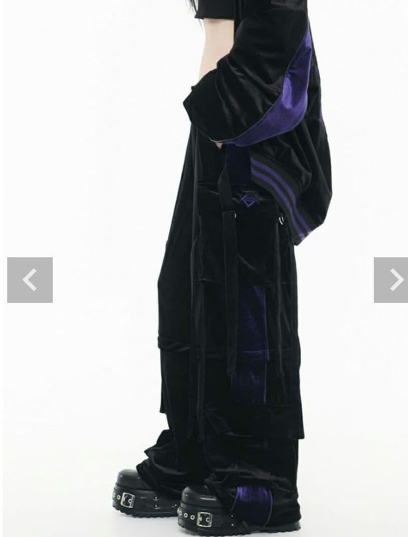 『REFLEM レフレム』2WAYワイドカーゴベロアパンツ/黒x紫