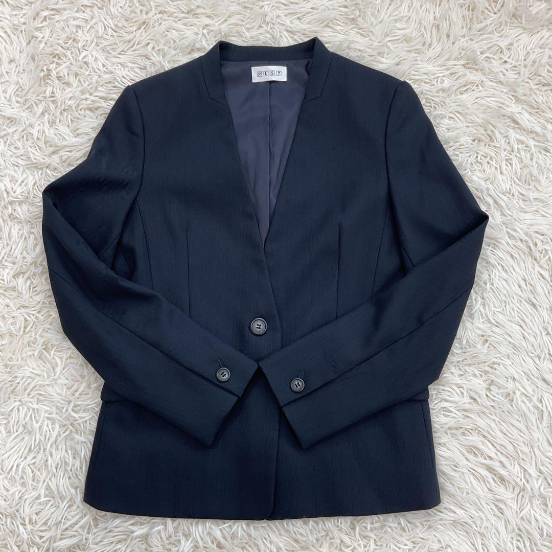 極美品　PLST セットアップ　ノーカラージャケット　スカートスーツ　ネイビー