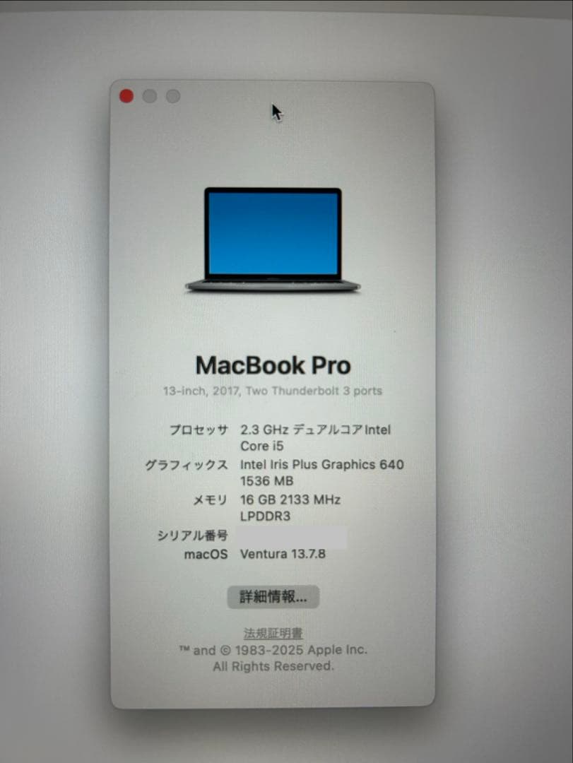 MacBook Pro 13インチ 2017 SSD256GBメモリ16GB
