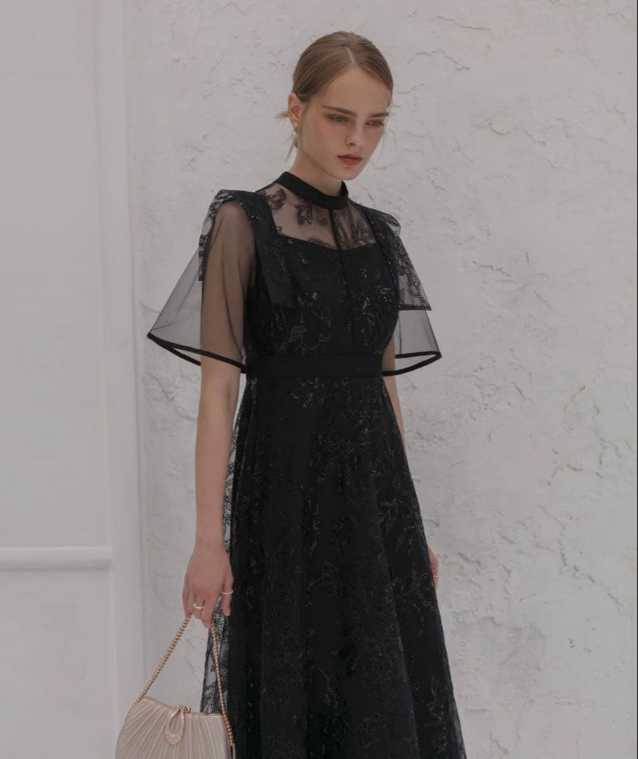 フラップデザインフラワースパンコールAラインワンピースドレス