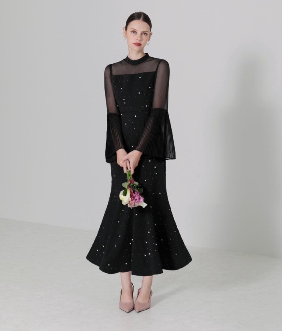 【LEJA】パールビジュー付き透け感プリーツフレアスリーブビーズマーメイドドレス