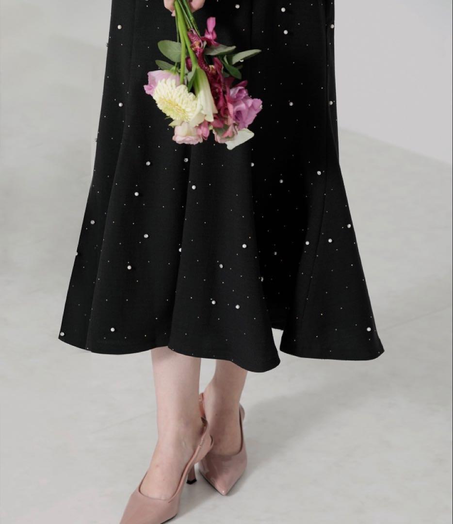 【LEJA】パールビジュー付き透け感プリーツフレアスリーブビーズマーメイドドレス