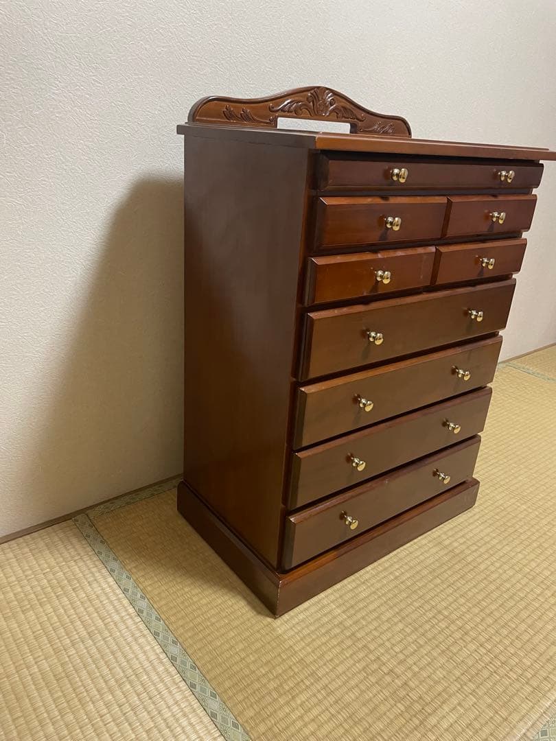 欧米風家具　木製ブラウンチェスト キャビネット　9引き出し スライド棚付き