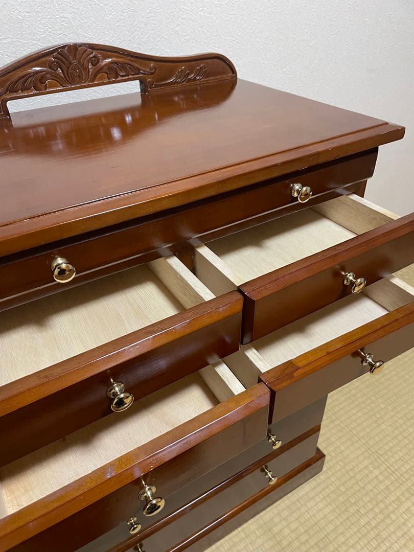 欧米風家具　木製ブラウンチェスト キャビネット　9引き出し スライド棚付き