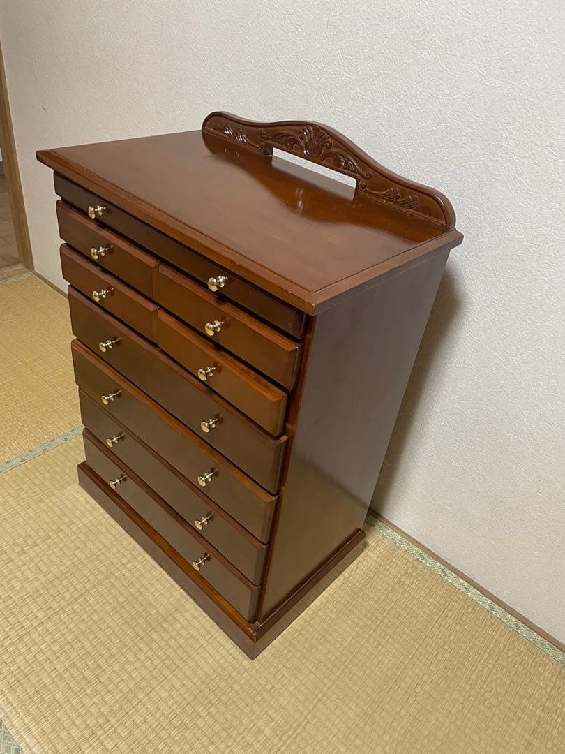 欧米風家具　木製ブラウンチェスト キャビネット　9引き出し スライド棚付き