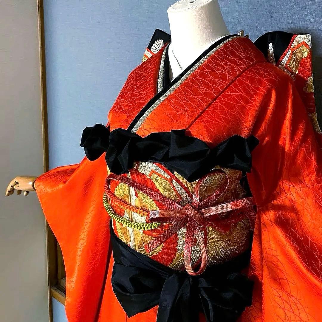 振袖フルセット　紋意匠友禅　艶のある朱色　成人式振袖　振袖