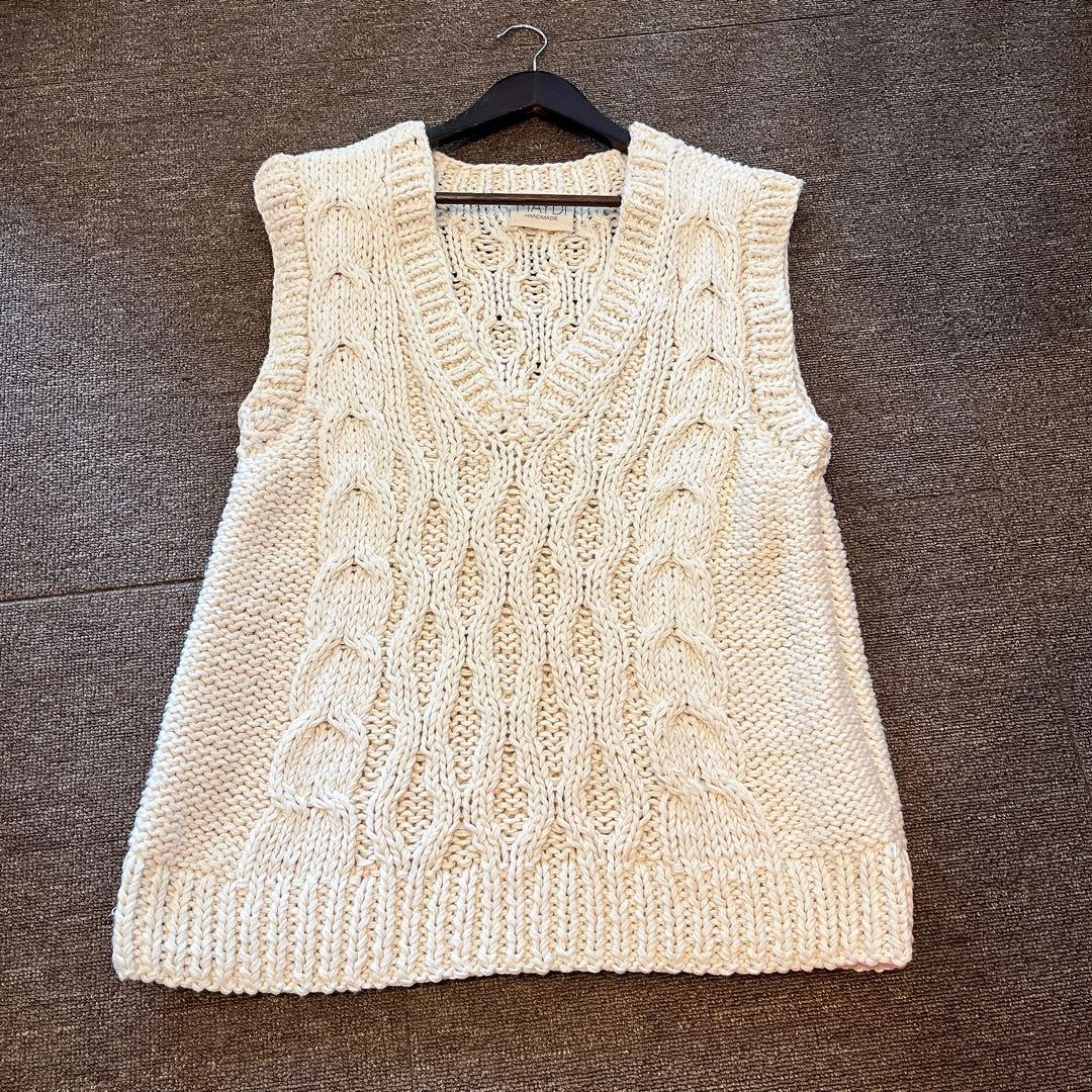 MAYDI 手編み ケーブル ニット ベスト アイボリー 白 レディース メンズ