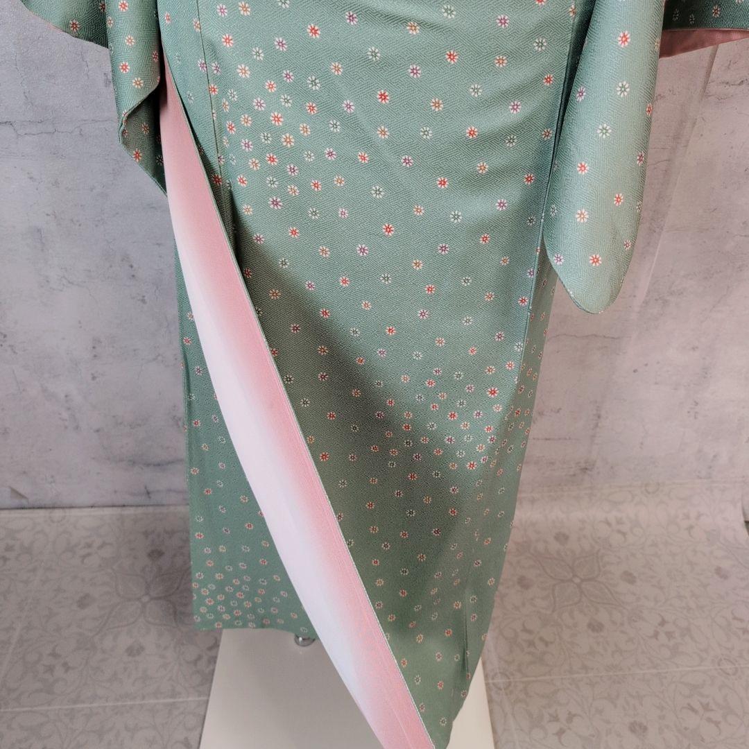 小紋　フルセット　着物　正絹　緑　可愛い　花　C1