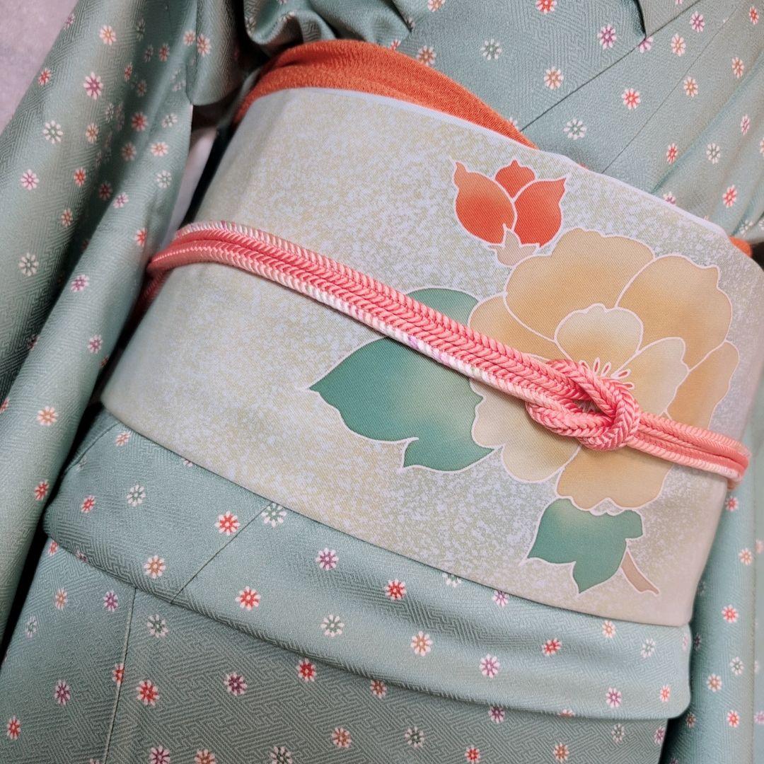小紋　フルセット　着物　正絹　緑　可愛い　花　C1