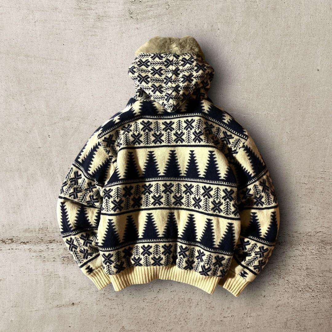 BLAIZE様☆ノルディック柄カウチンニットセーター総柄ファーフーディジップアッ