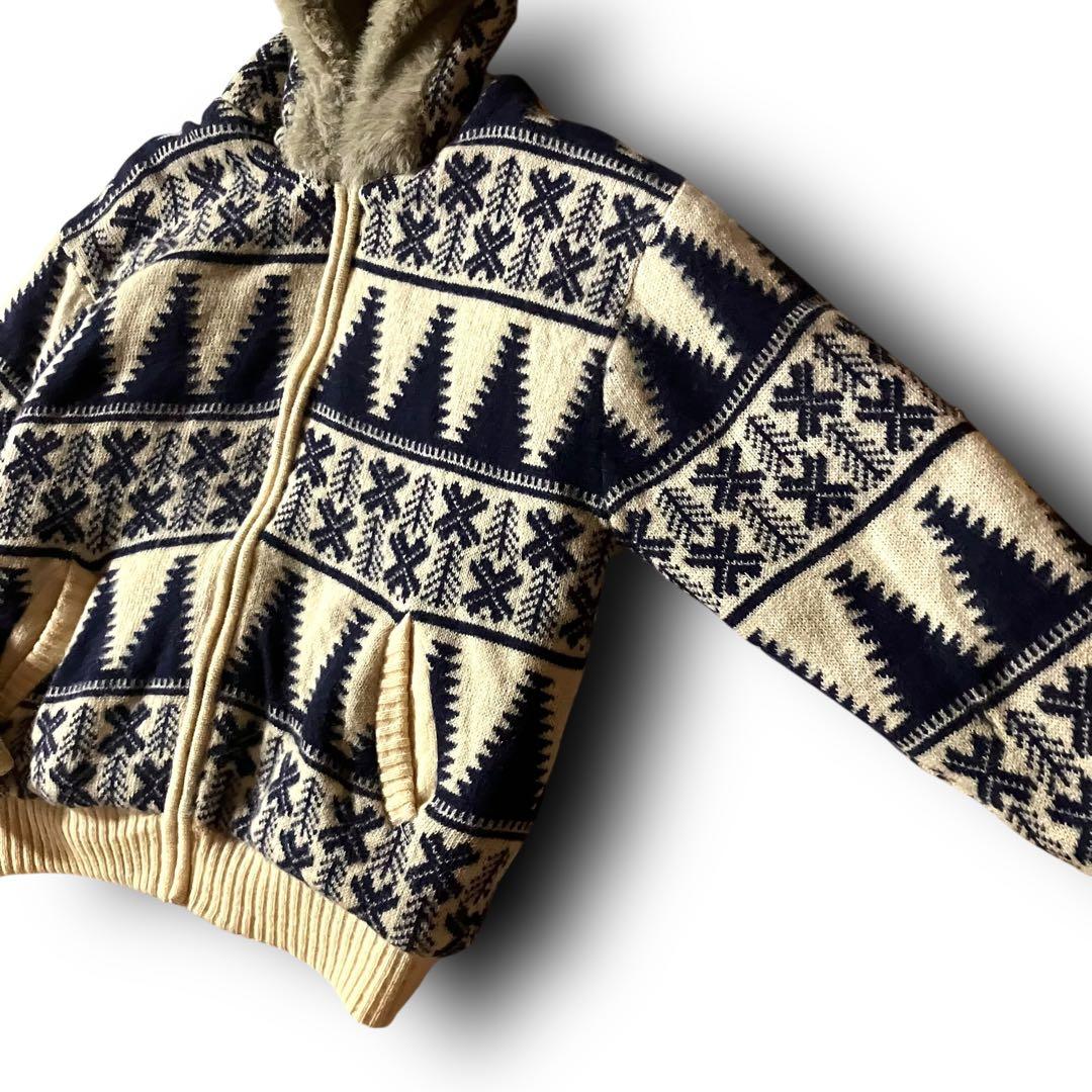 BLAIZE様☆ノルディック柄カウチンニットセーター総柄ファーフーディジップアッ