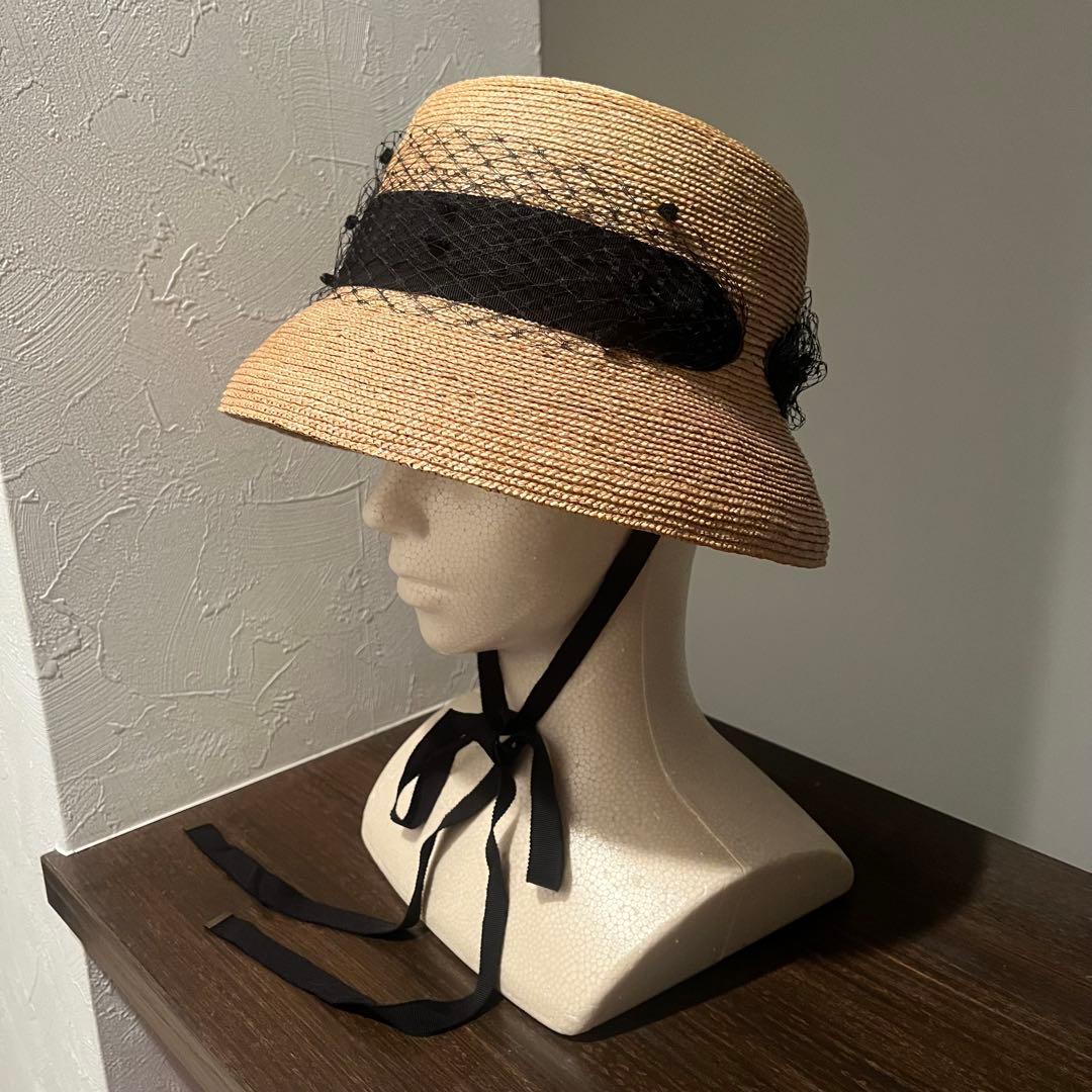 【美品】CA4LA Atelier Made 麦わら帽子 ベール付き リボン 黒