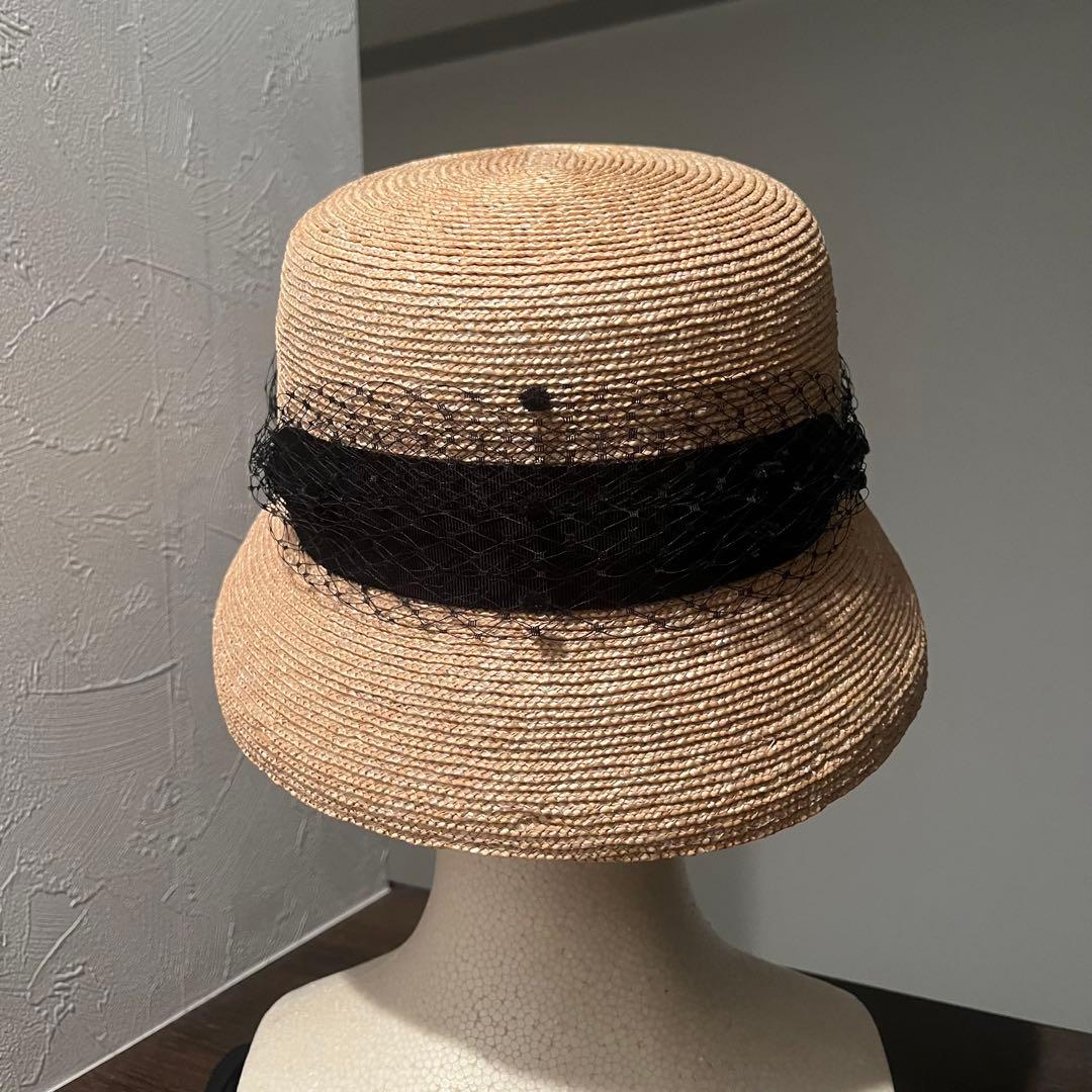 【美品】CA4LA Atelier Made 麦わら帽子 ベール付き リボン 黒