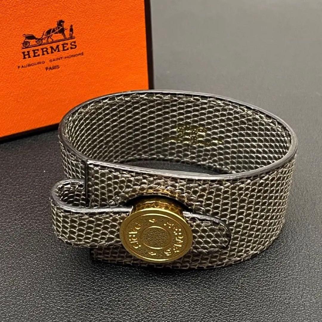 美品 エルメス セリエ リザード レザー バングル ブレスレット ゴールド金具