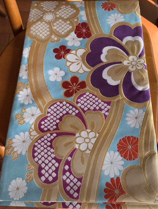 成人式に　正絹 振袖用袋帯　ブルー　水流に花文　丸勇
