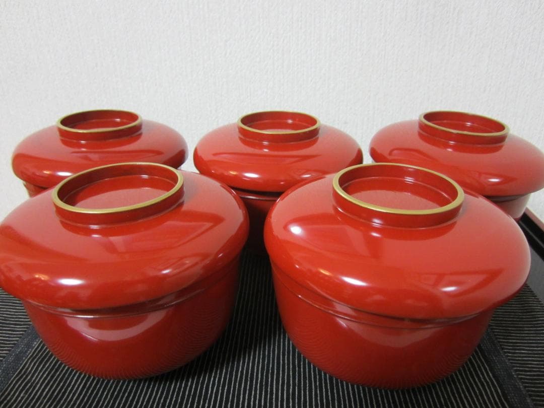 極美品◆伝統工芸 輪島塗◆大正期輪島塗◆朱漆 小椀 小蓋もの◆本金塗５客