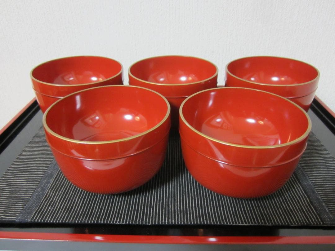 極美品◆伝統工芸 輪島塗◆大正期輪島塗◆朱漆 小椀 小蓋もの◆本金塗５客