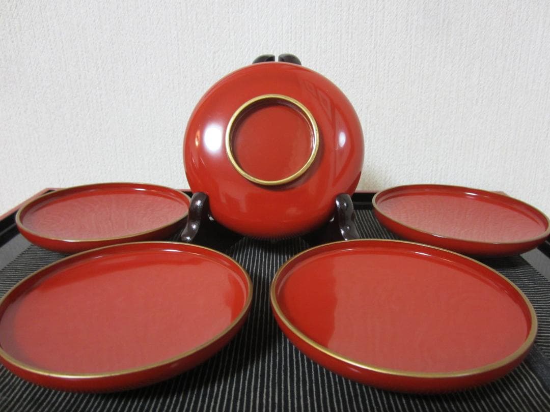 極美品◆伝統工芸 輪島塗◆大正期輪島塗◆朱漆 小椀 小蓋もの◆本金塗５客