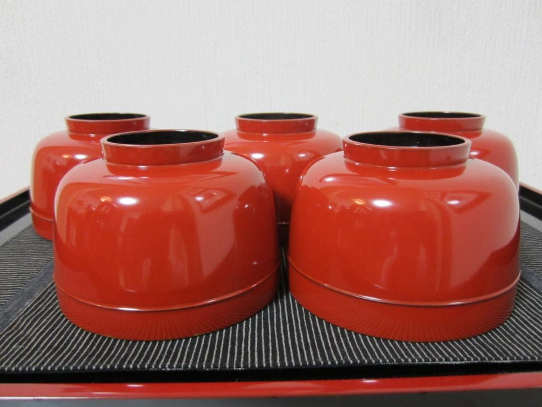 極美品◆伝統工芸 輪島塗◆大正期輪島塗◆朱漆 小椀 小蓋もの◆本金塗５客