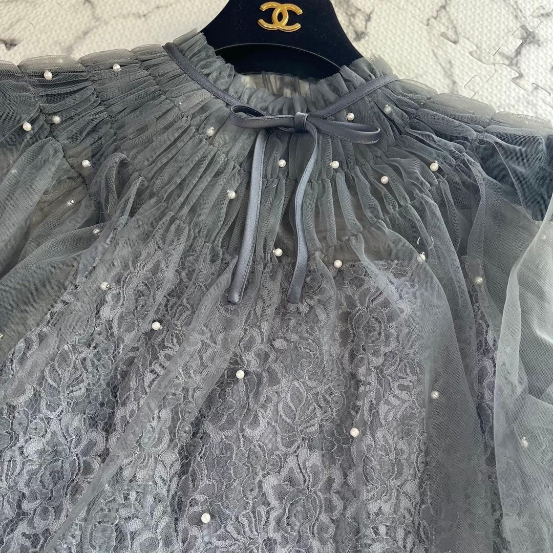 LEJA パール付きケープ風リボンパフスリーブボレロ刺繍レースキャミワンピ