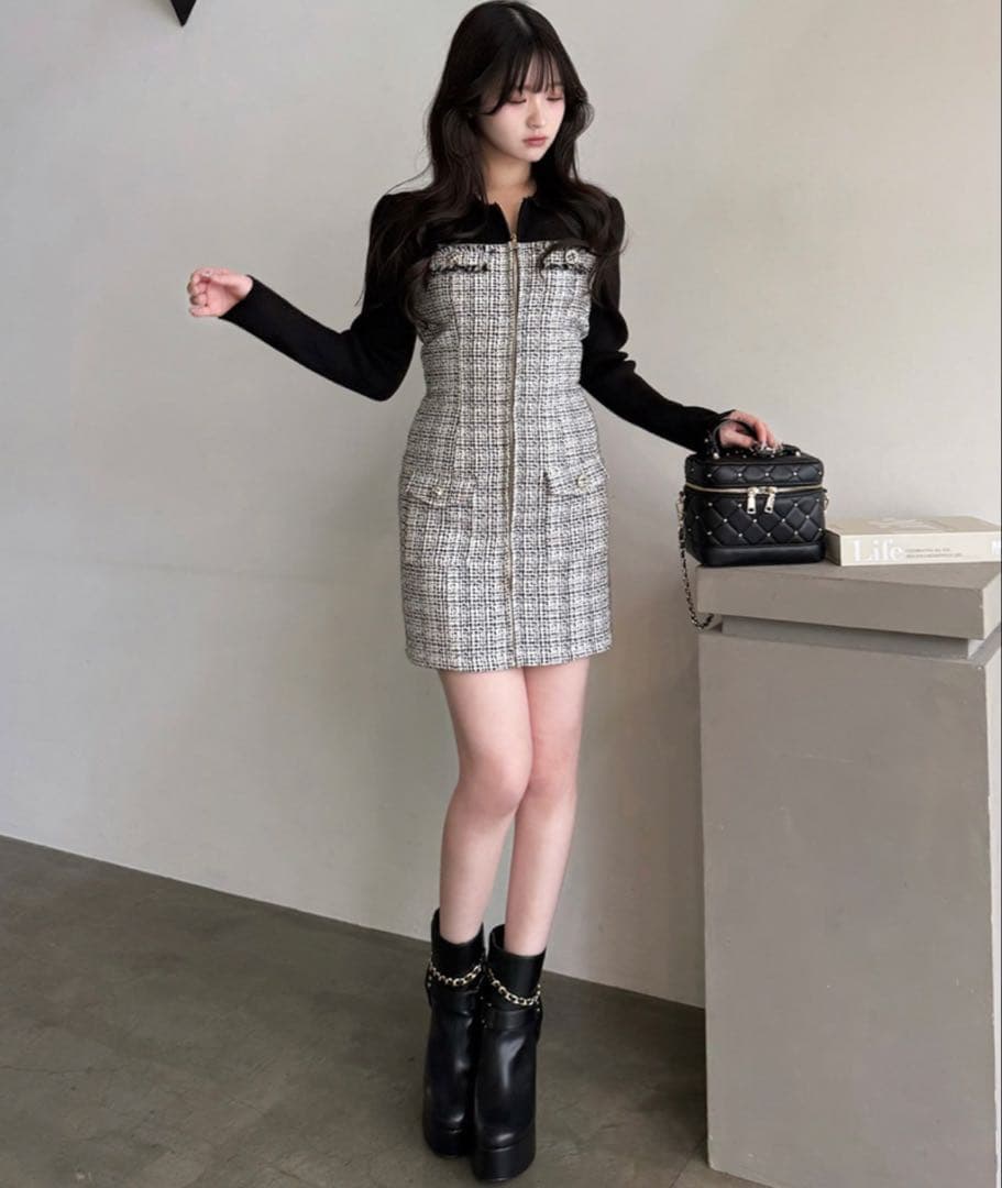 PARTYニットドッキングツイードタイトミニワンピースロイヤルパーティ