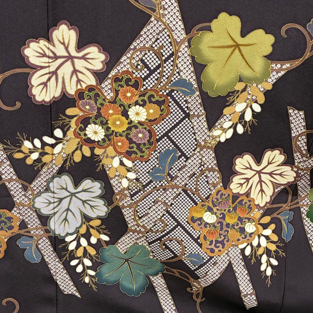 D85 訪問着 蔦の葉 菊 金駒刺繍 縫い紋 正絹 着物 袷 極美品