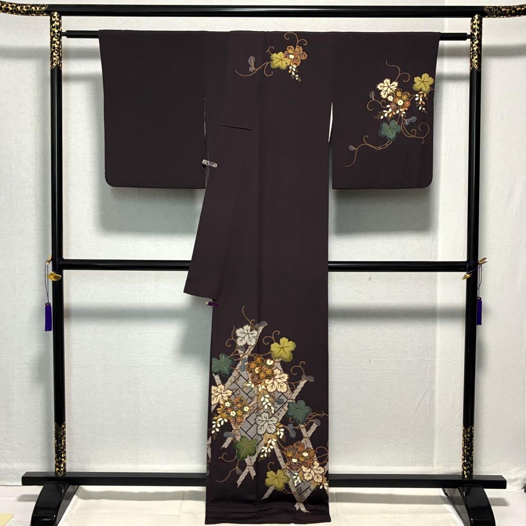D85 訪問着 蔦の葉 菊 金駒刺繍 縫い紋 正絹 着物 袷 極美品