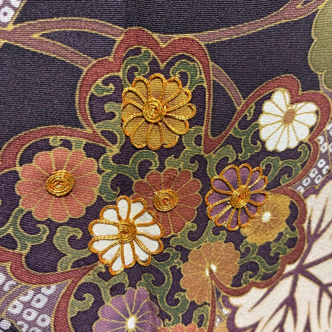 D85 訪問着 蔦の葉 菊 金駒刺繍 縫い紋 正絹 着物 袷 極美品