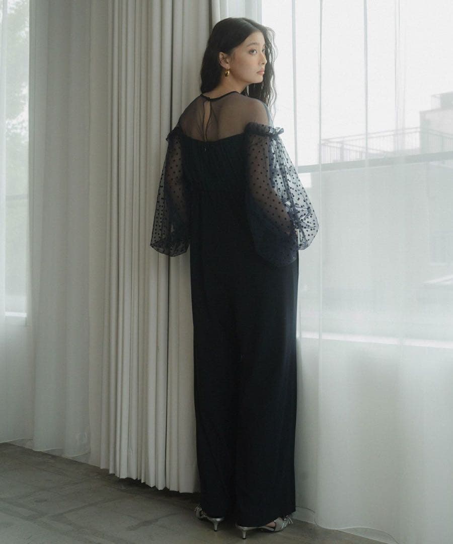 美品【ANDRESD】フロッキードットパンツドレス ネイビー L