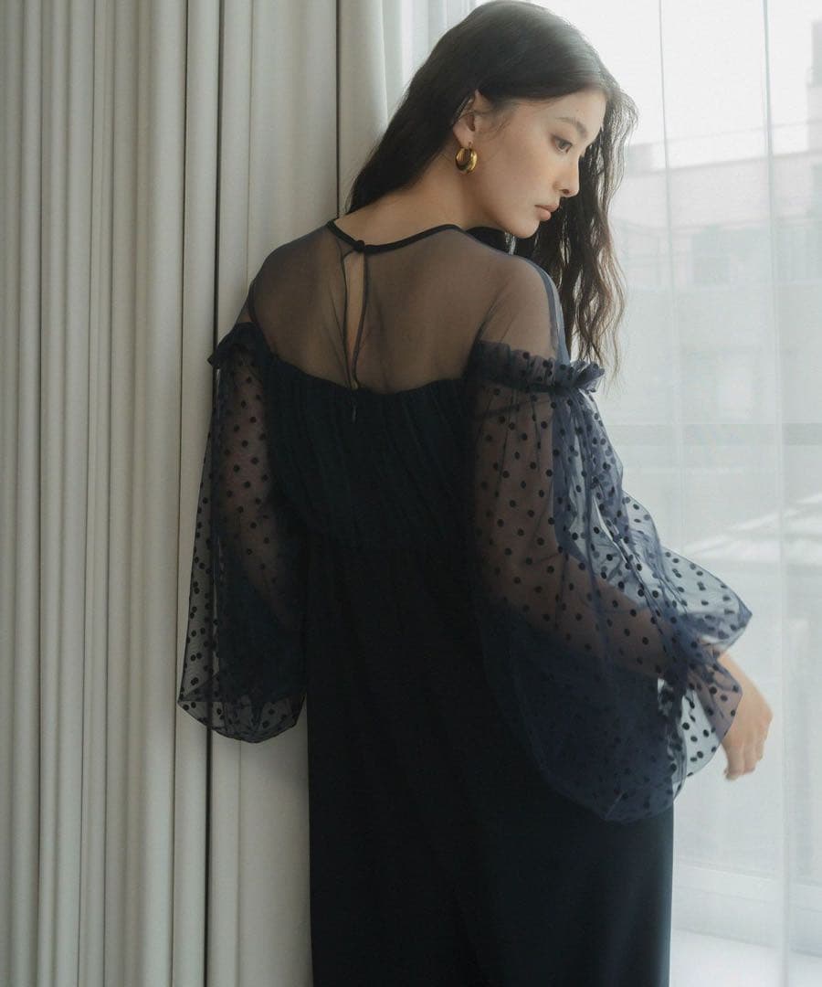 美品【ANDRESD】フロッキードットパンツドレス ネイビー L