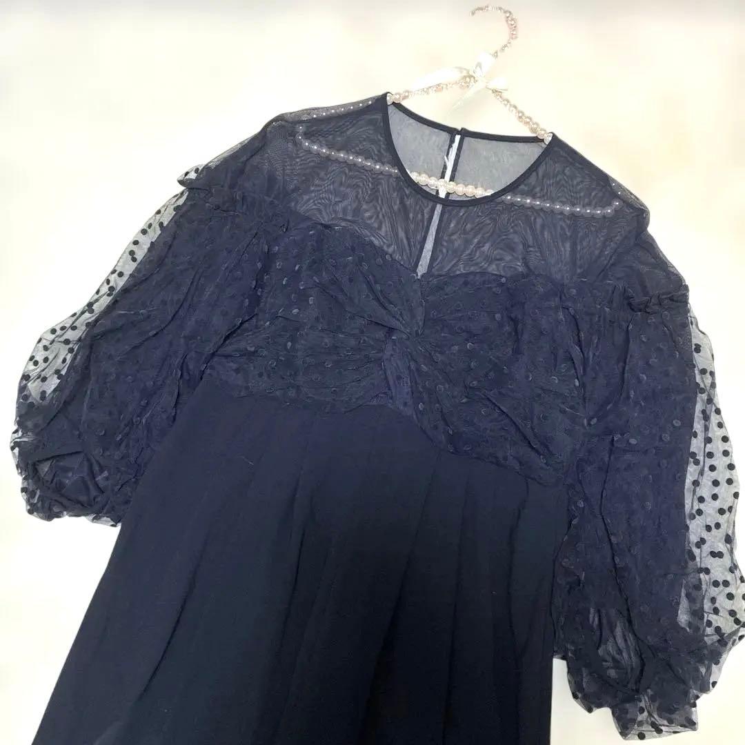 美品【ANDRESD】フロッキードットパンツドレス ネイビー L