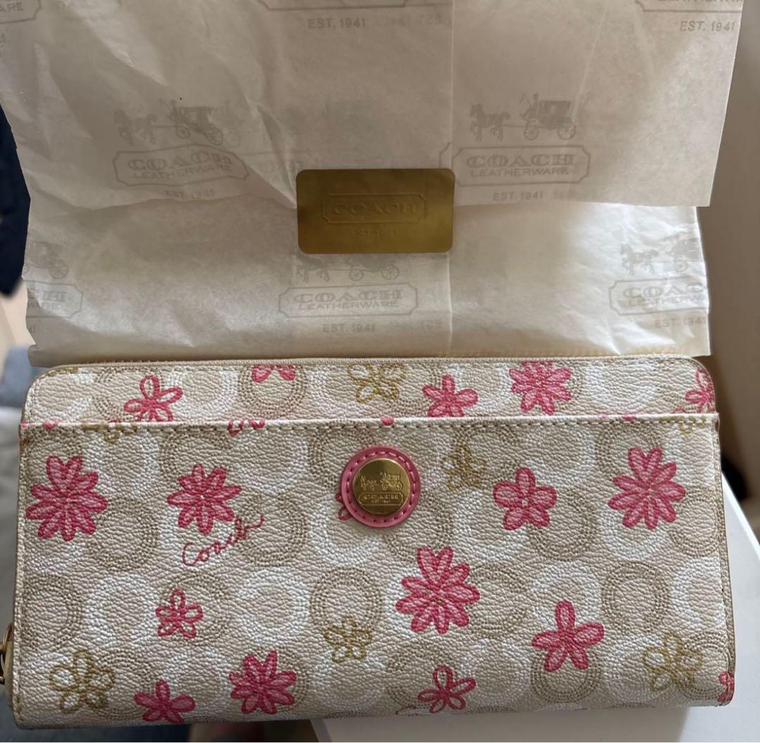COACH 花柄 長財布 ホワイト ピンク