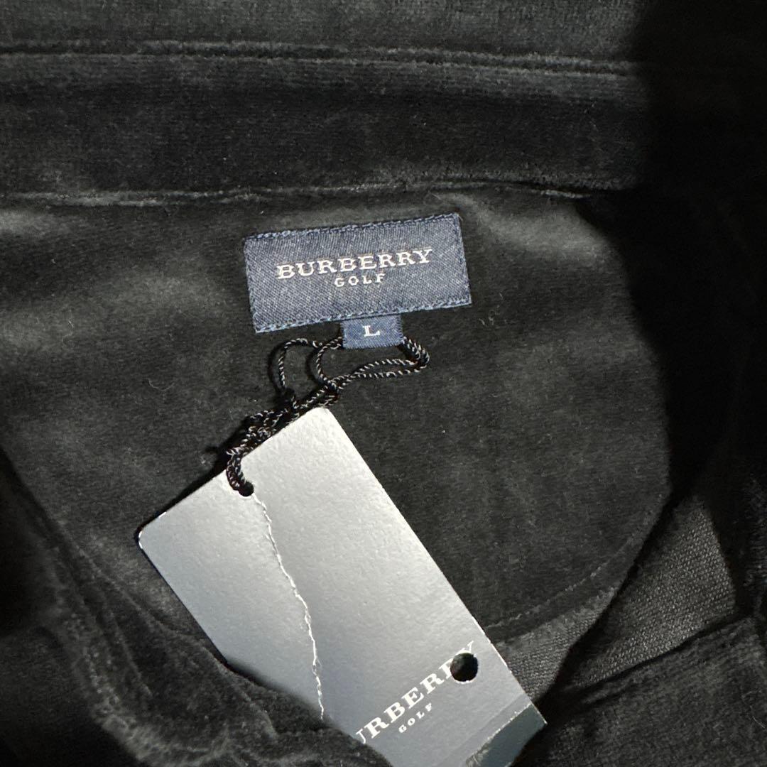 新品　バーバリー　ベロア 長袖ポロシャツ　ロゴ刺繍　ノバチェック　洗える　黒　L