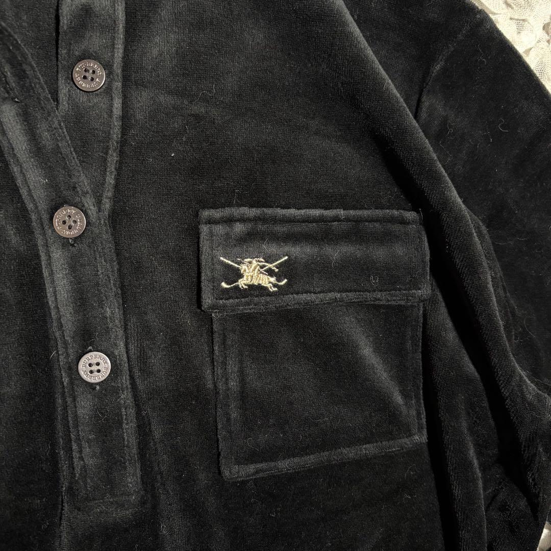 新品　バーバリー　ベロア 長袖ポロシャツ　ロゴ刺繍　ノバチェック　洗える　黒　L