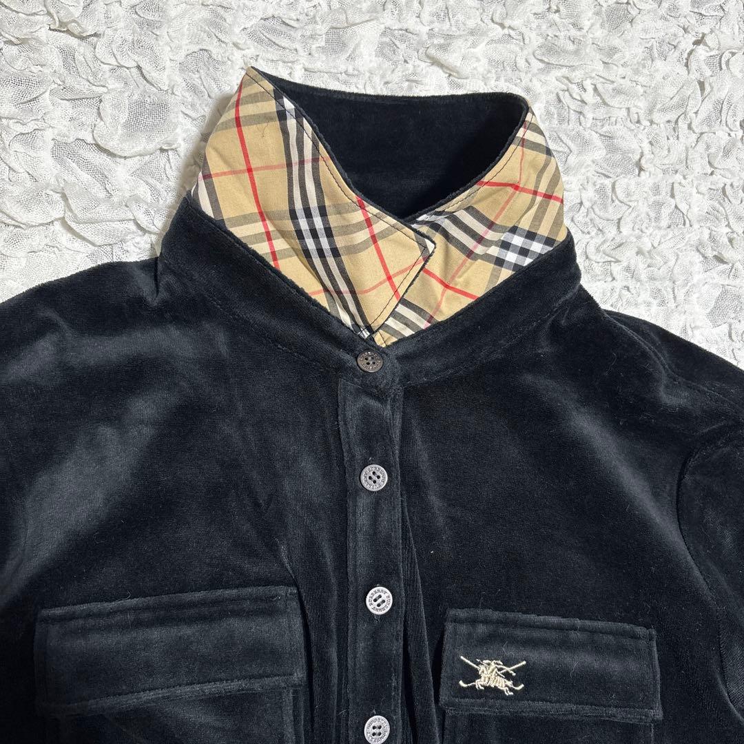 新品　バーバリー　ベロア 長袖ポロシャツ　ロゴ刺繍　ノバチェック　洗える　黒　L