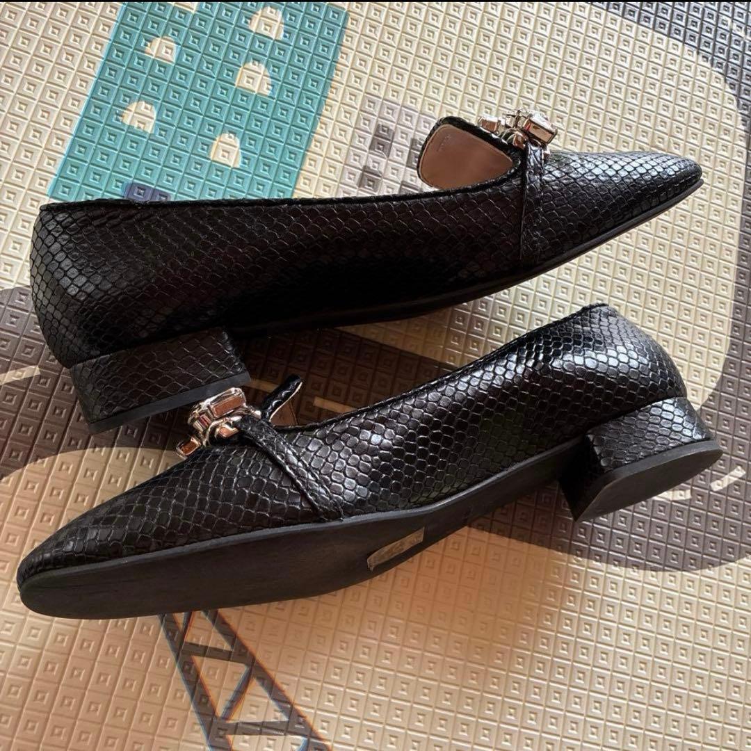 極美品✨miumiu 黒　ビジュー　クロコ　牛革　ローヒールパンプス　25cm