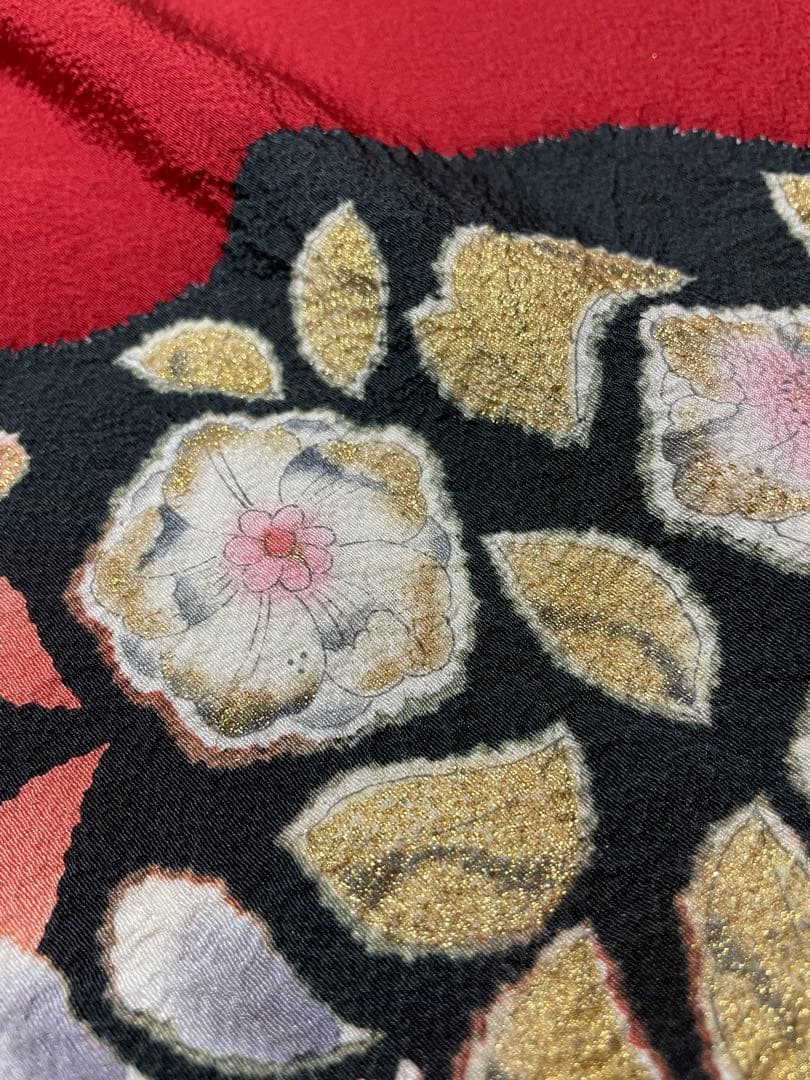 翠山工房 振袖 フルセット 成人式 辻が花 赤黒 落款あり安心セット