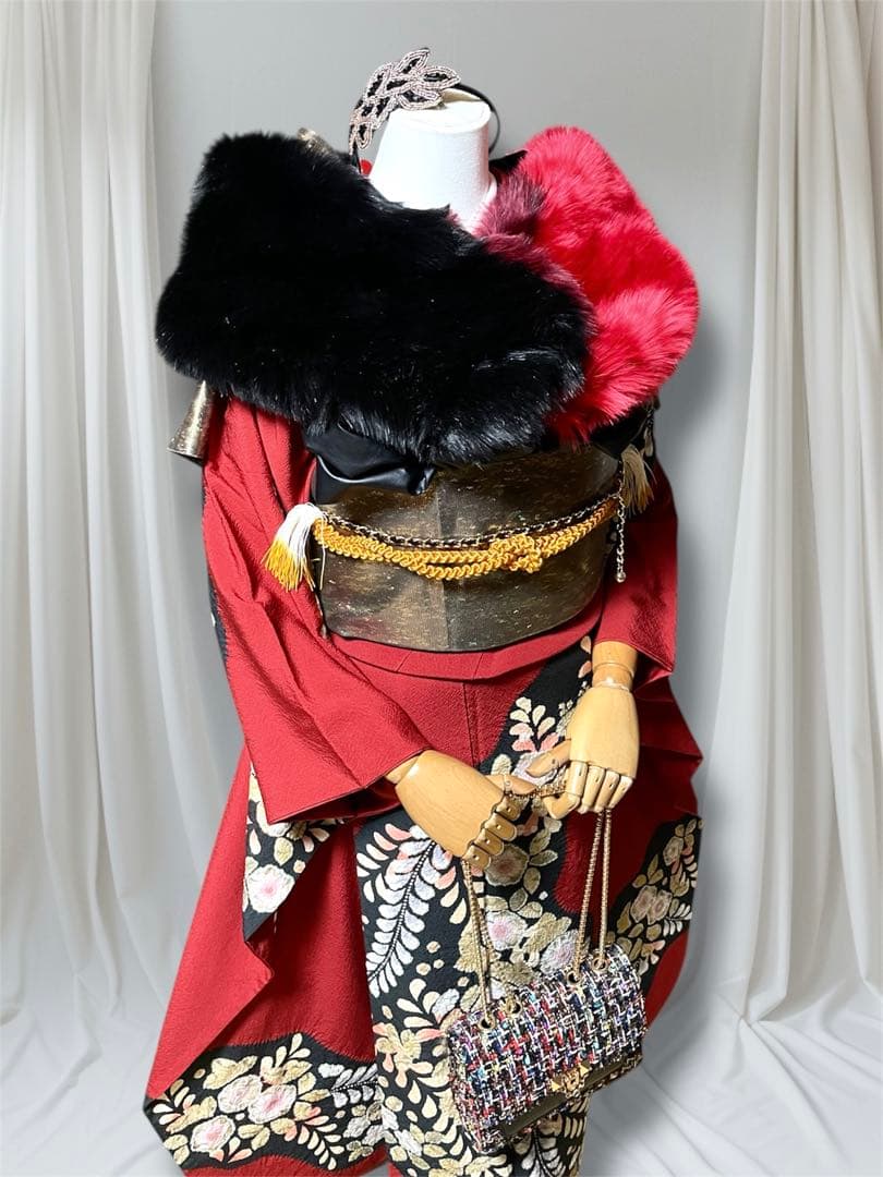 翠山工房 振袖 フルセット 成人式 辻が花 赤黒 落款あり安心セット