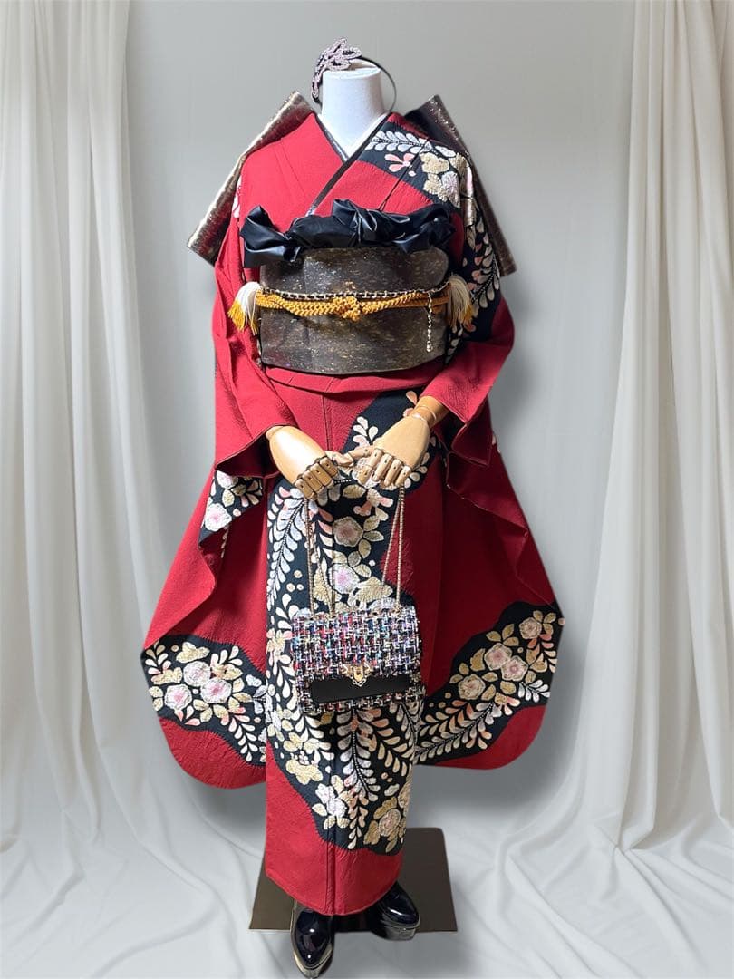 翠山工房 振袖 フルセット 成人式 辻が花 赤黒 落款あり安心セット