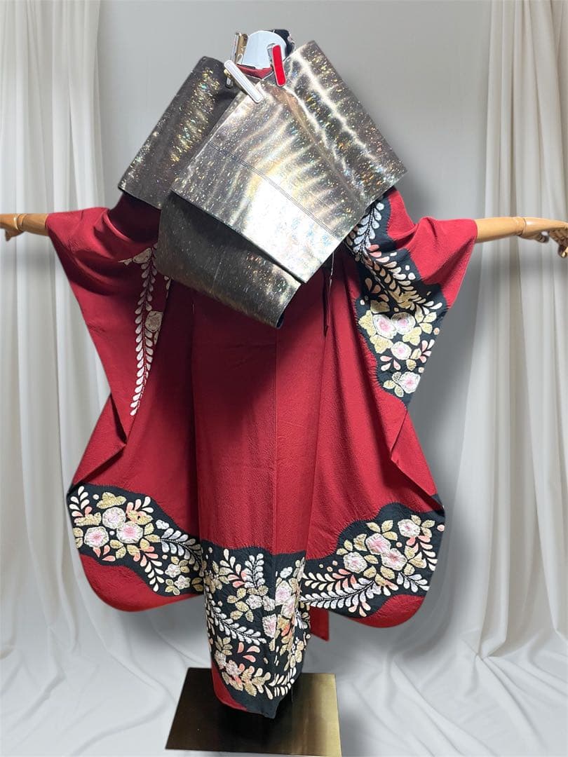 翠山工房 振袖 フルセット 成人式 辻が花 赤黒 落款あり安心セット