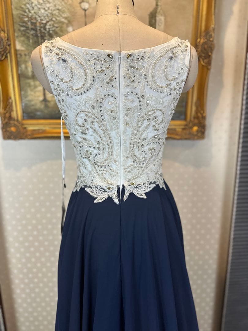 ネイビー ビーズ刺繍Aラインロングドレス