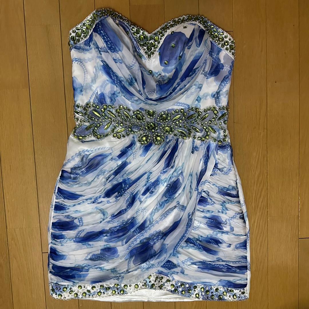 ブルー　ビジュー キャバドレス 盛れる ナイトドレス