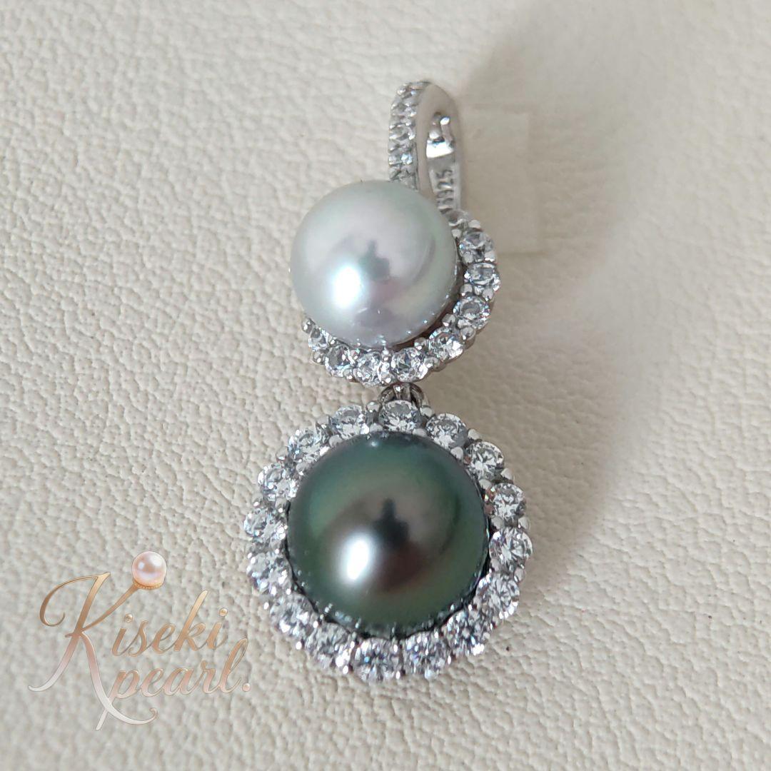 本真珠　南洋黒蝶真珠　タヒチパールダークグリーン　S925ダブルパールペンダント