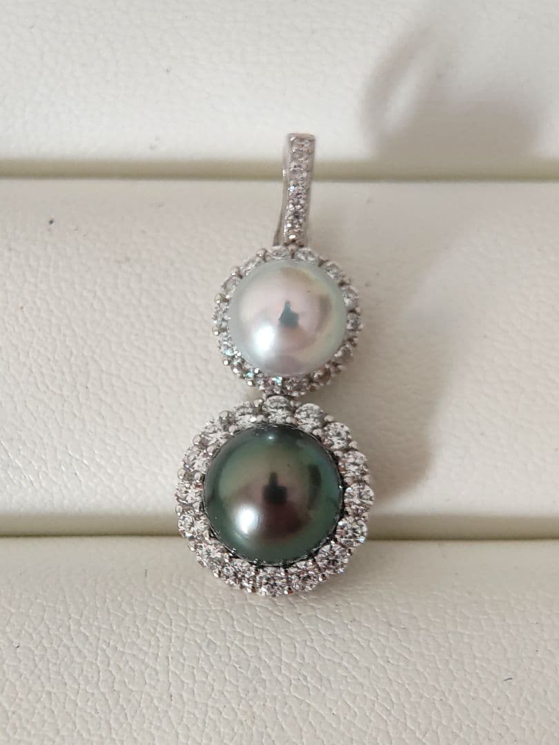 本真珠　南洋黒蝶真珠　タヒチパールダークグリーン　S925ダブルパールペンダント