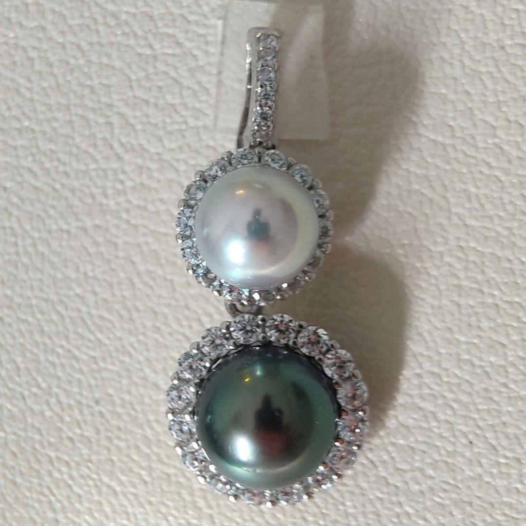 本真珠　南洋黒蝶真珠　タヒチパールダークグリーン　S925ダブルパールペンダント