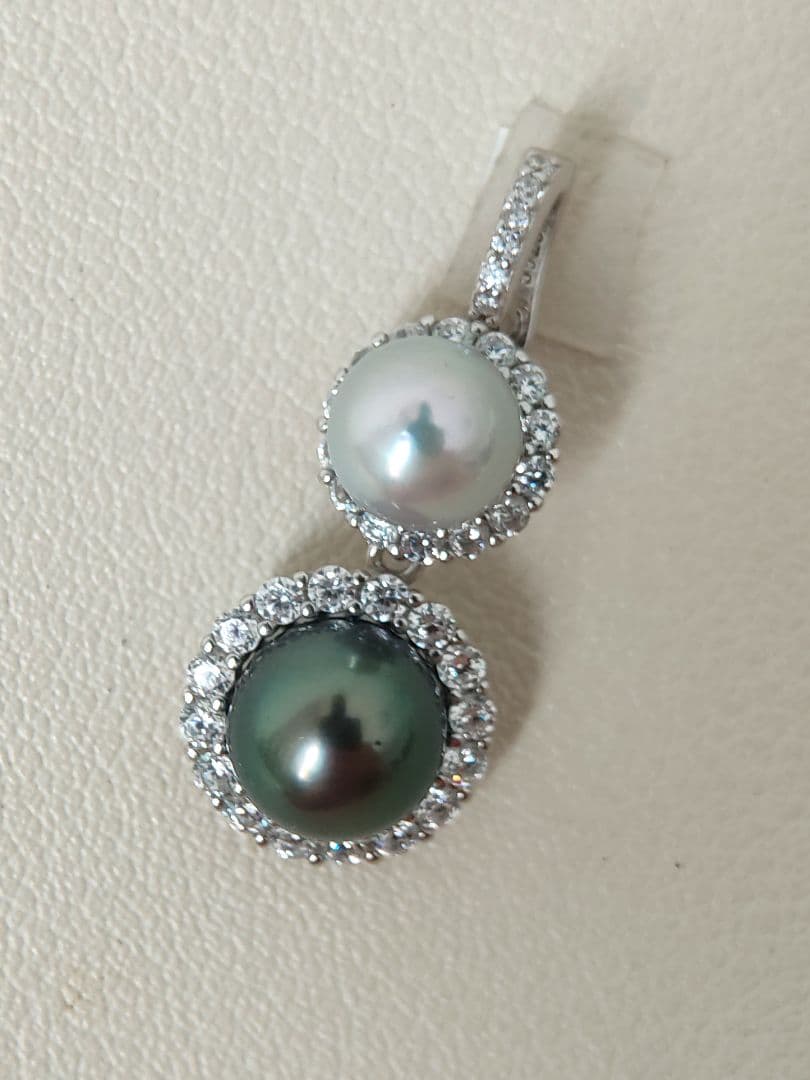 本真珠　南洋黒蝶真珠　タヒチパールダークグリーン　S925ダブルパールペンダント