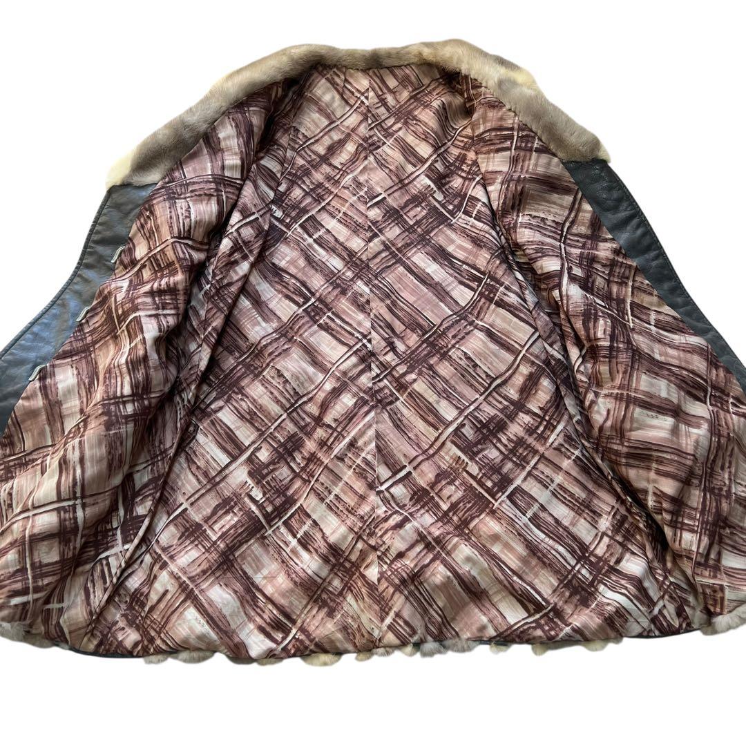 着丈80cm 希少デザイン パールミンク 染め レザーコート Aライン 裏地総柄