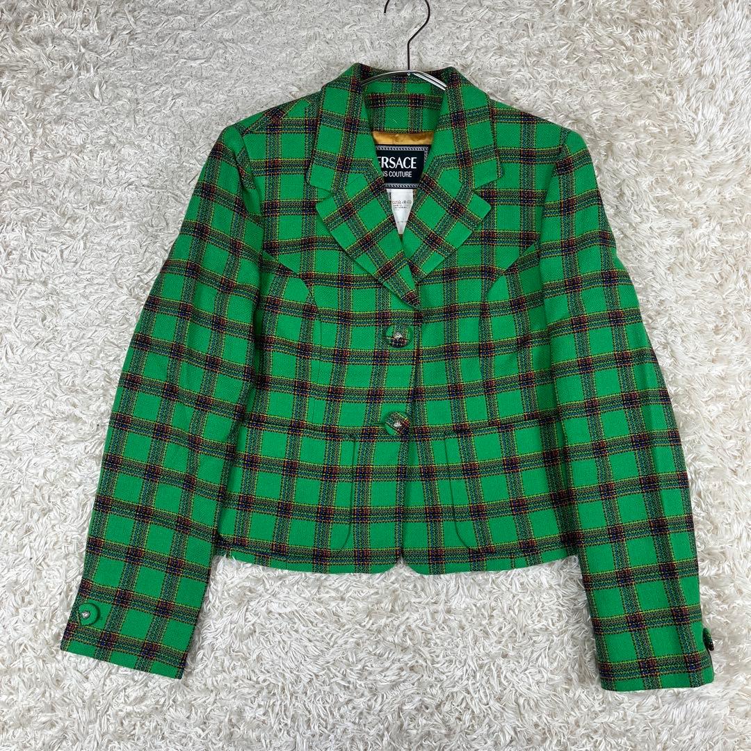 美品 ヴェルサーチ 短丈 メデューサボタン チェック柄 テーラードジャケット