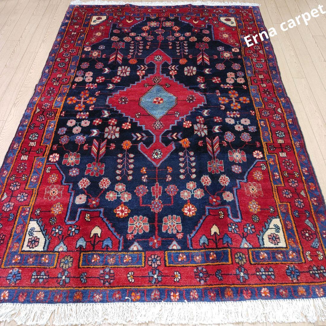 ペルシャ絨毯 205x135 手織り 美術品 草木染 ハマダン産クリーニング済み